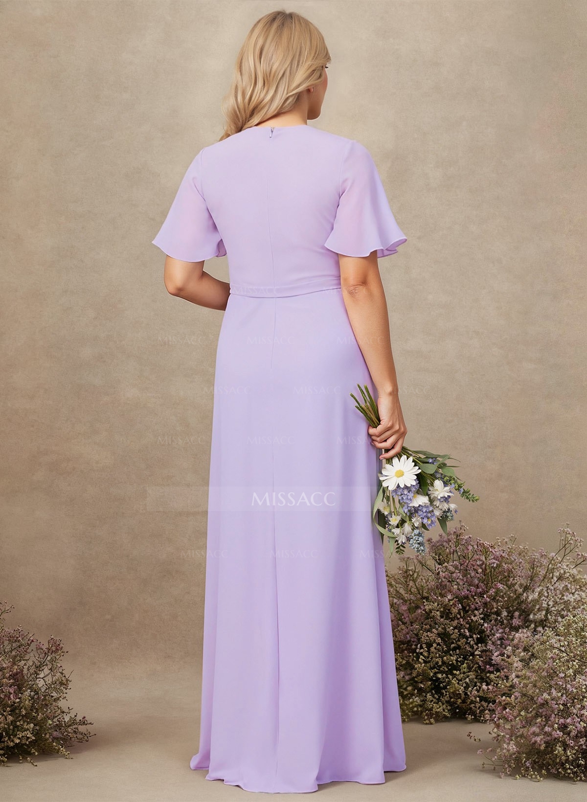 A-Line V-Neck Plus Size Chiffon Bridesmaid Dresses With High Split