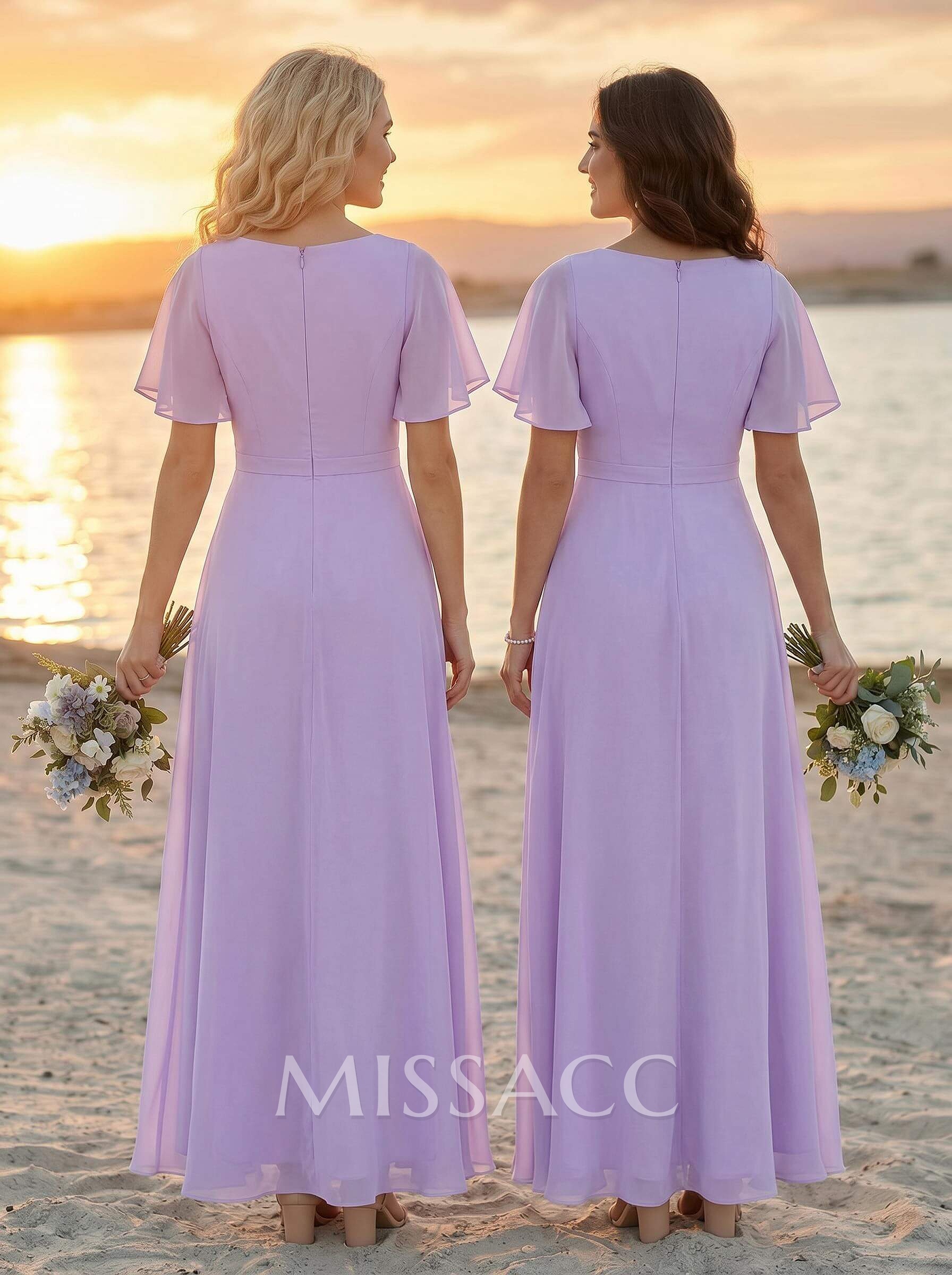 A-Line V-Neck Plus Size Chiffon Bridesmaid Dresses With High Split