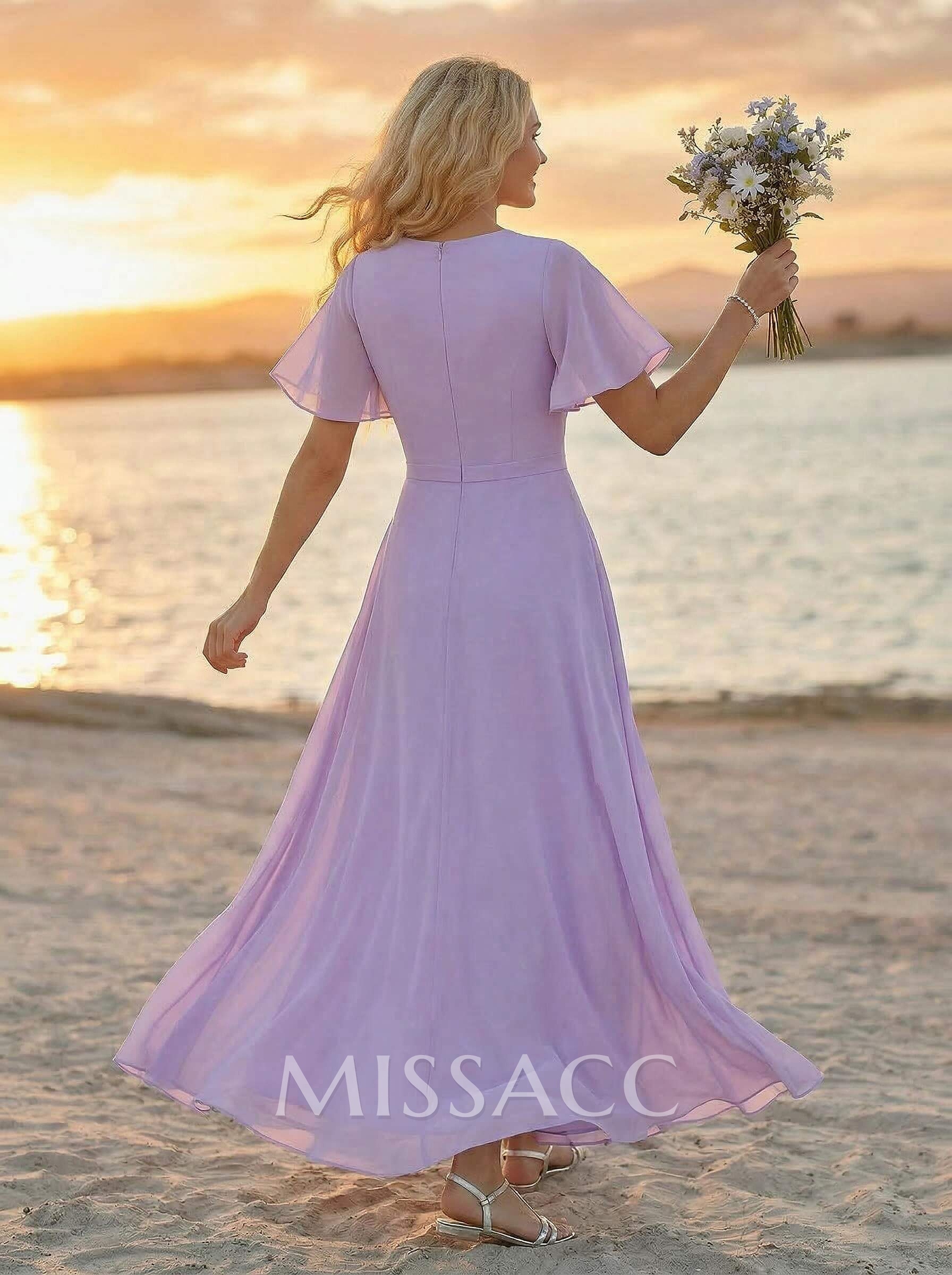 A-Line V-Neck Plus Size Chiffon Bridesmaid Dresses With High Split