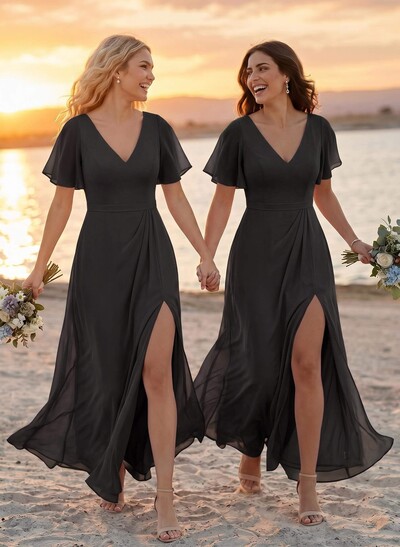 A-Line V-Neck Plus Size Chiffon Bridesmaid Dresses With High Split