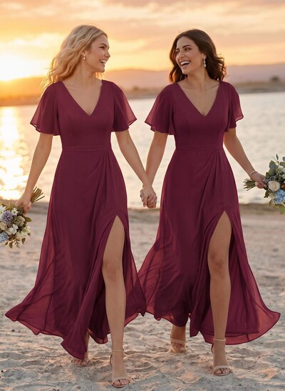 A-Line V-Neck Plus Size Chiffon Bridesmaid Dresses With High Split