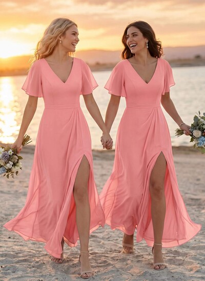 A-Line V-Neck Plus Size Chiffon Bridesmaid Dresses With High Split