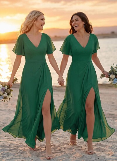 A-Line V-Neck Plus Size Chiffon Bridesmaid Dresses With High Split