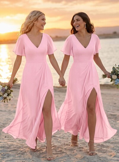 A-Line V-Neck Plus Size Chiffon Bridesmaid Dresses With High Split