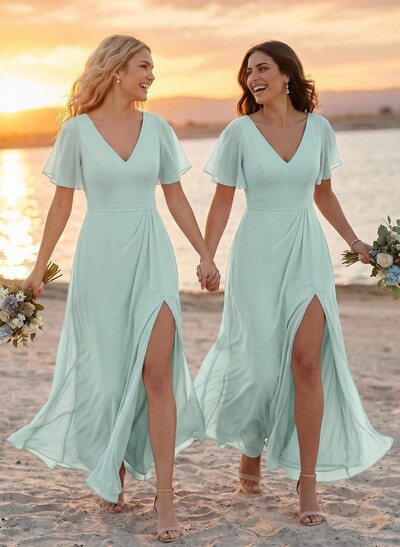 A-Line V-Neck Plus Size Chiffon Bridesmaid Dresses With High Split