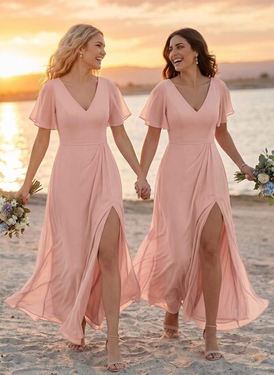 A-Line V-Neck Plus Size Chiffon Bridesmaid Dresses With High Split