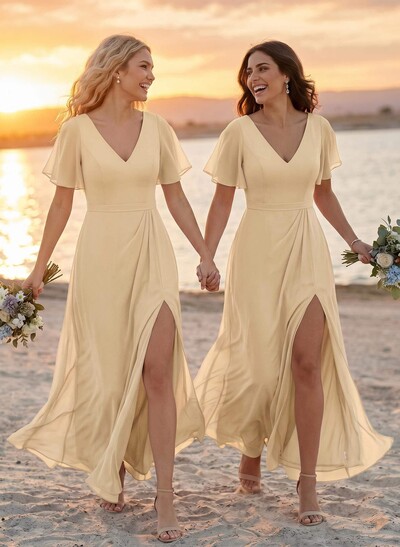 A-Line V-Neck Plus Size Chiffon Bridesmaid Dresses With High Slit