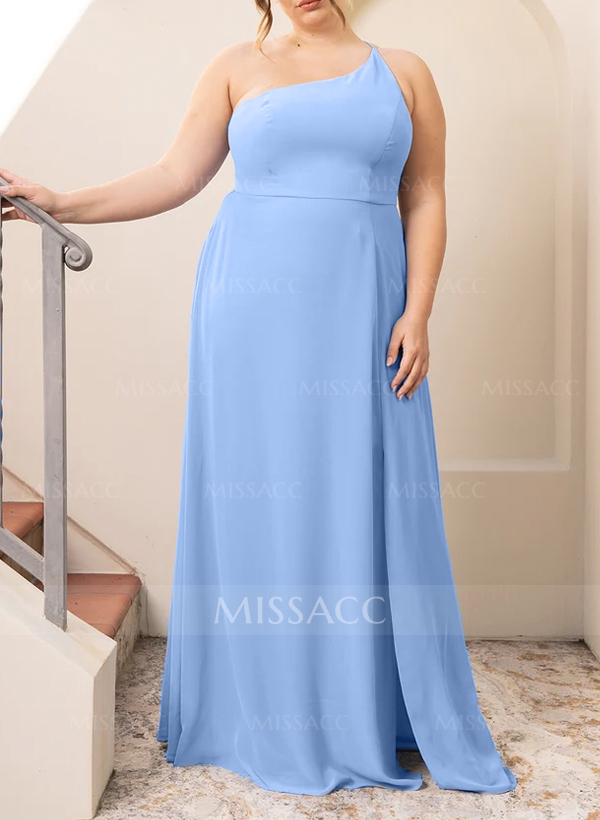 A-Line One-Shoulder Plus Size Chiffon Bridesmaid Dresses With Split Front