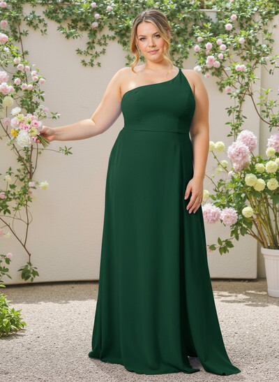 A-Line One-Shoulder Plus Size Chiffon Bridesmaid Dresses With Split Front