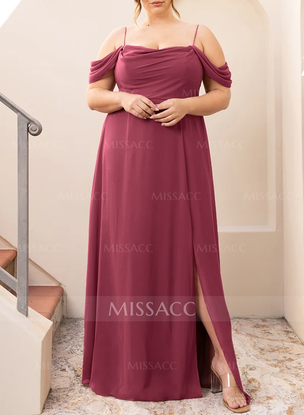 A-Line Cowl Neck Sleeveless Plus Size Chiffon Bridesmaid Dresses With Split Front