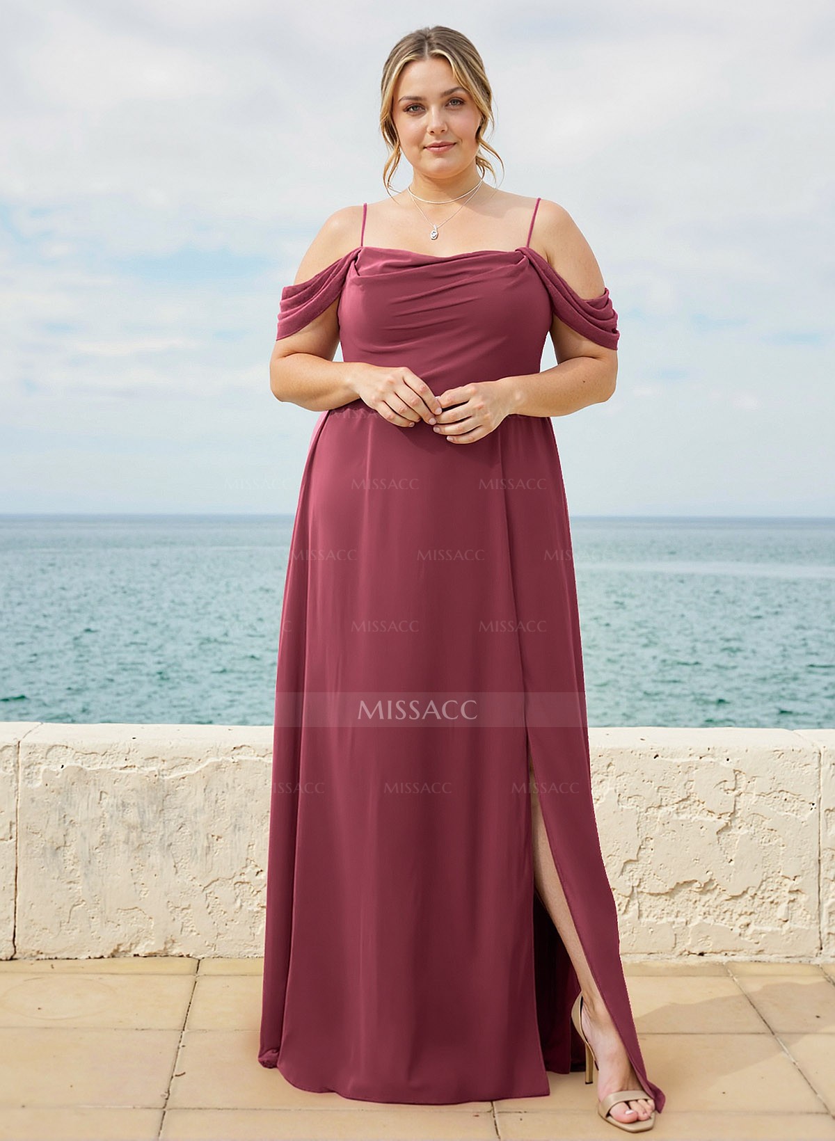 A-Line Cowl Neck Sleeveless Plus Size Chiffon Bridesmaid Dresses With Split Front