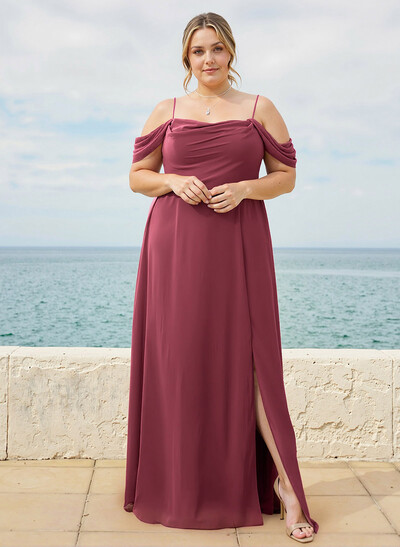 A-Line Cowl Neck Sleeveless Plus Size Chiffon Bridesmaid Dresses With Split Front