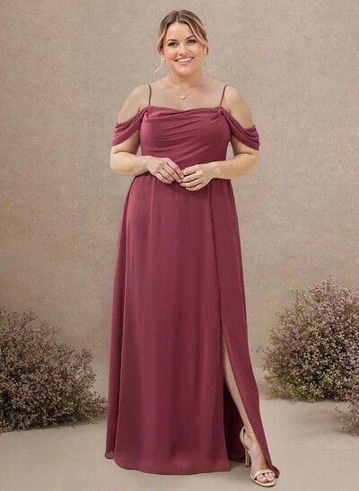 A-Line Cowl Neck Sleeveless Plus Size Chiffon Bridesmaid Dresses With Split Front