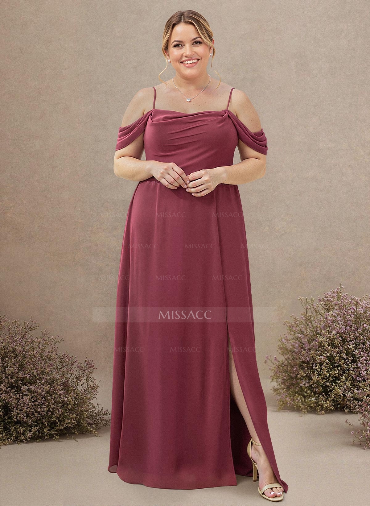 A-Line Cowl Neck Sleeveless Plus Size Chiffon Bridesmaid Dresses With Split Front