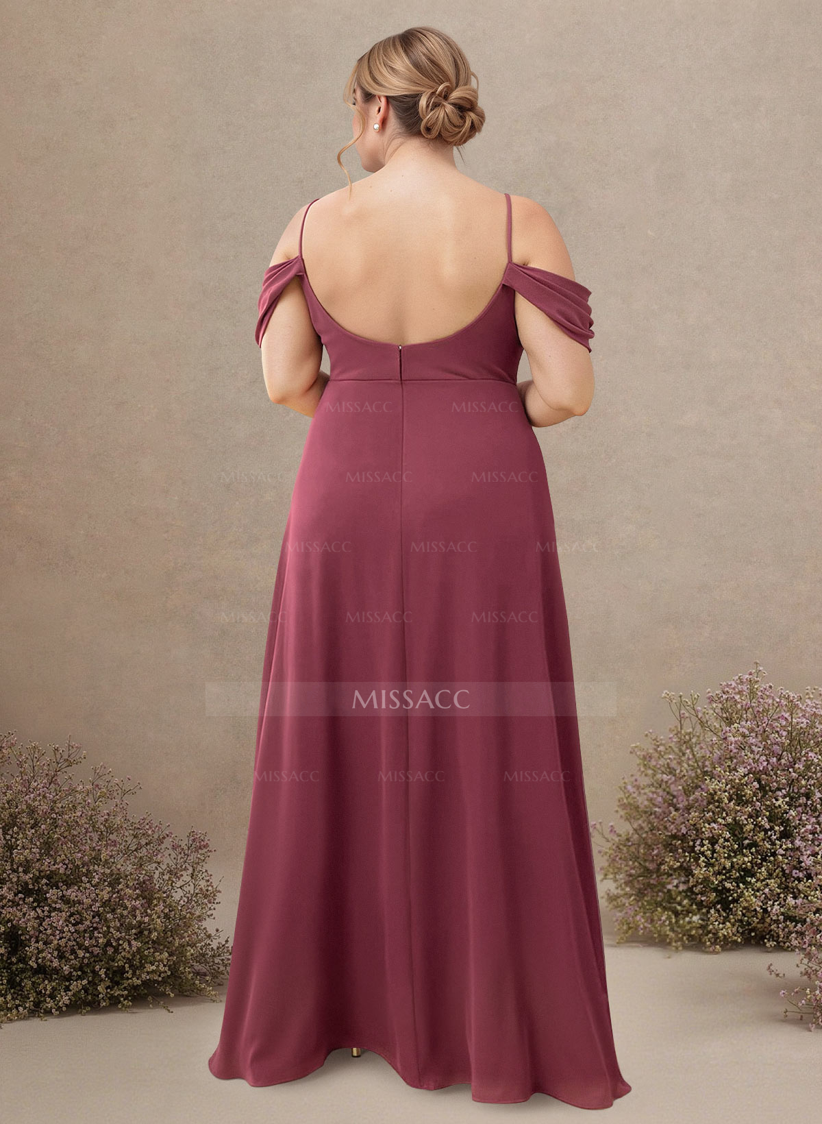 A-Line Cowl Neck Sleeveless Plus Size Chiffon Bridesmaid Dresses With Split Front