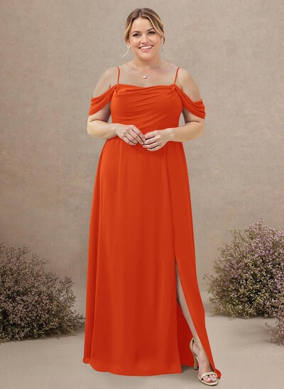 A-Line Cowl Neck Sleeveless Plus Size Chiffon Bridesmaid Dresses With Split Front