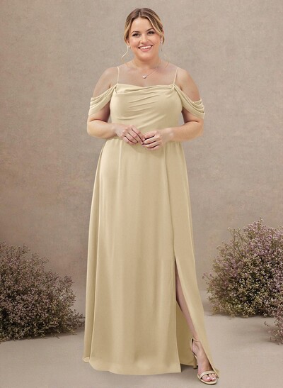 A-Line Cowl Neck Sleeveless Plus Size Chiffon Bridesmaid Dresses With Split Front