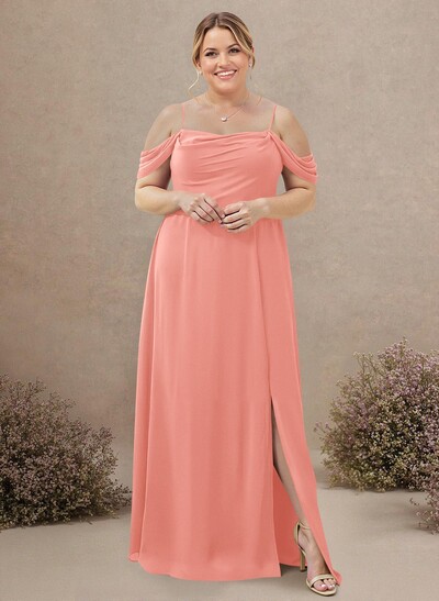 A-Line Cowl Neck Sleeveless Plus Size Chiffon Bridesmaid Dresses With Split Front