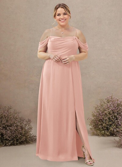 A-Line Cowl Neck Sleeveless Plus Size Chiffon Bridesmaid Dresses With Split Front