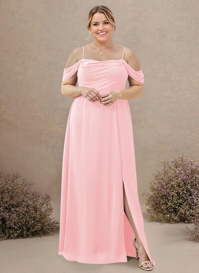 A-Line Cowl Neck Sleeveless Plus Size Chiffon Bridesmaid Dresses With Split Front
