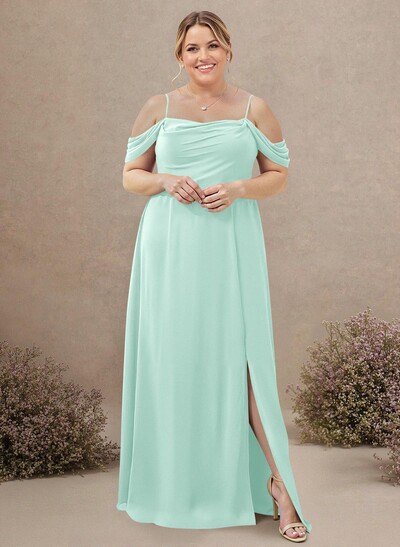 A-Line Cowl Neck Sleeveless Plus Size Chiffon Bridesmaid Dresses With Split Front