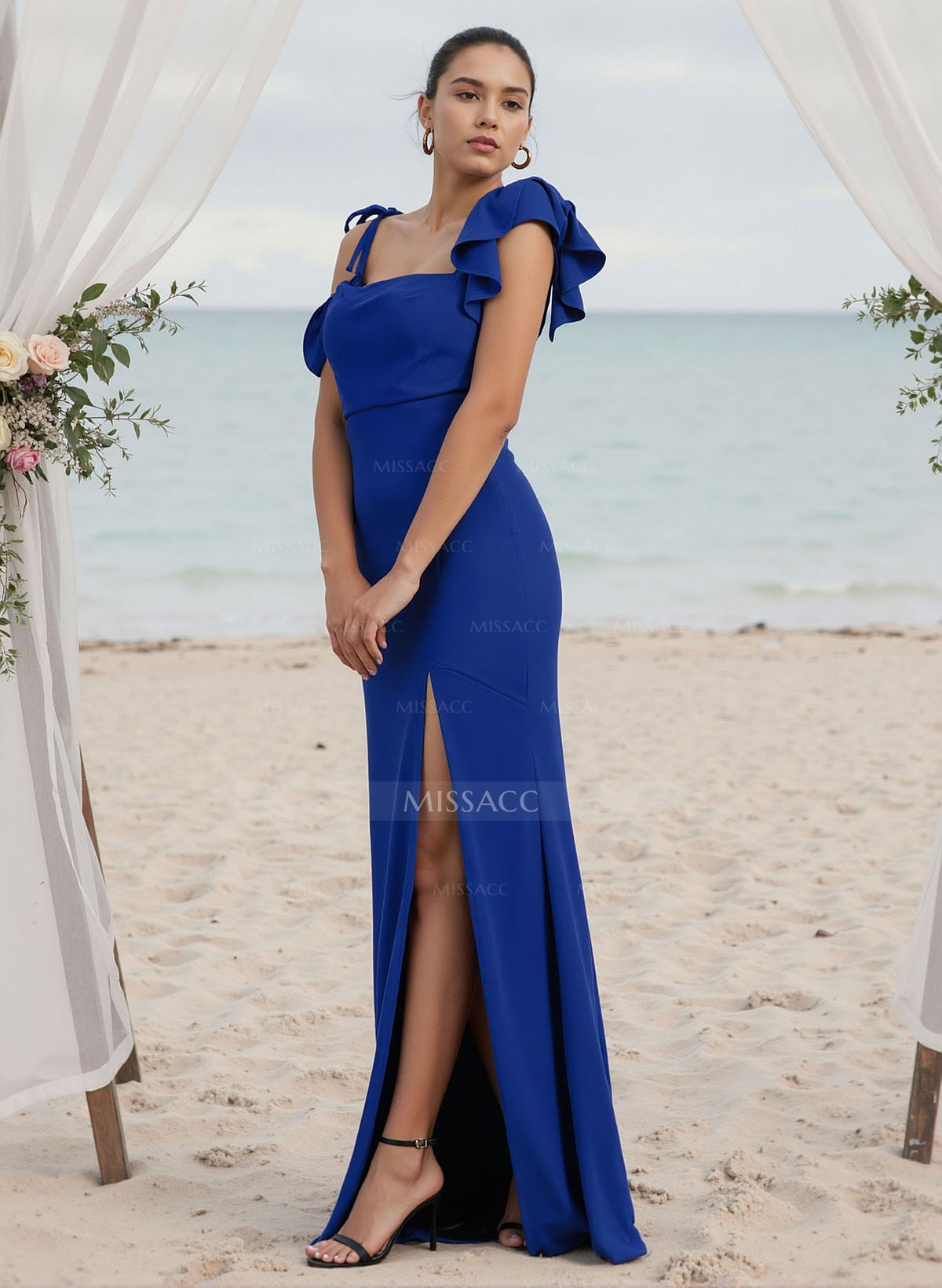 Sheath/Column Asymmetrical Elastic Satin Bridesmaid Dresses With High Split