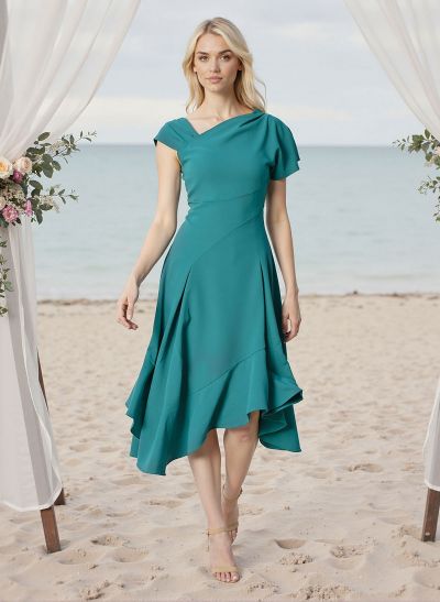 A-Line Asymmetrical Elastic Satin Bridesmaid Dresses With Ruffle