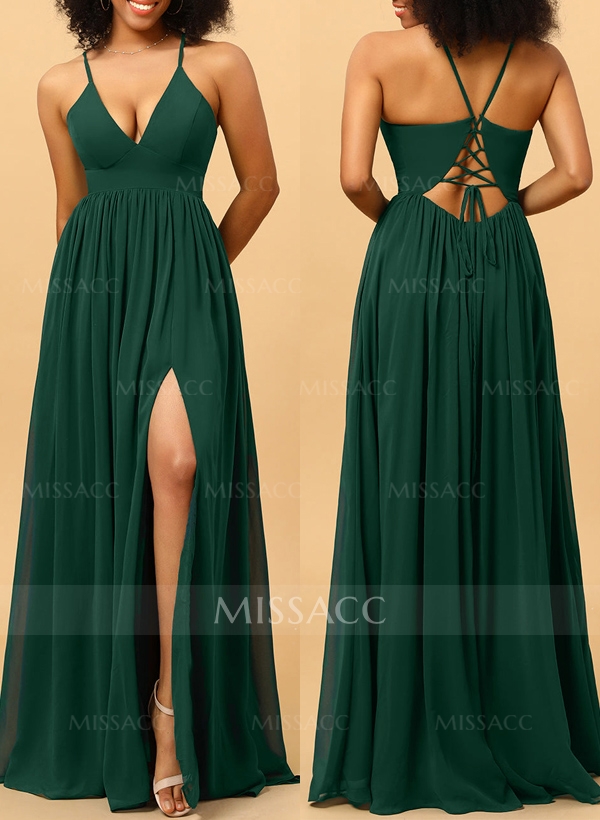 A-Line V-Neck Sleeveless Chiffon Bridesmaid Dresses With High Split