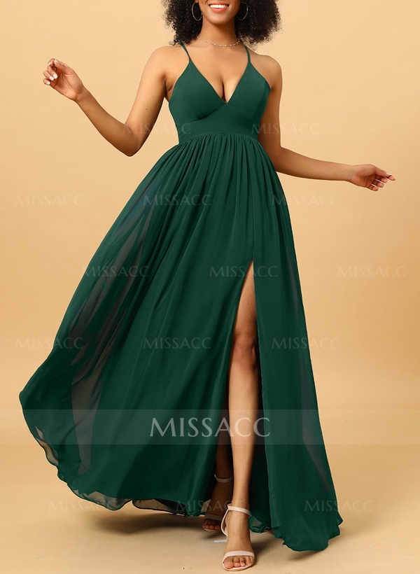 A-Line V-Neck Sleeveless Chiffon Bridesmaid Dresses With High Split