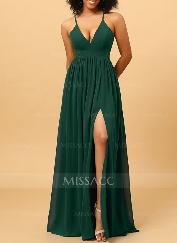 A-Line V-Neck Sleeveless Chiffon Bridesmaid Dresses With High Split