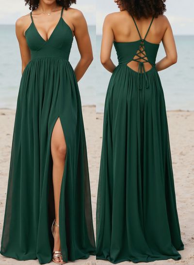 A-Line V-Neck Sleeveless Chiffon Bridesmaid Dresses With High Split