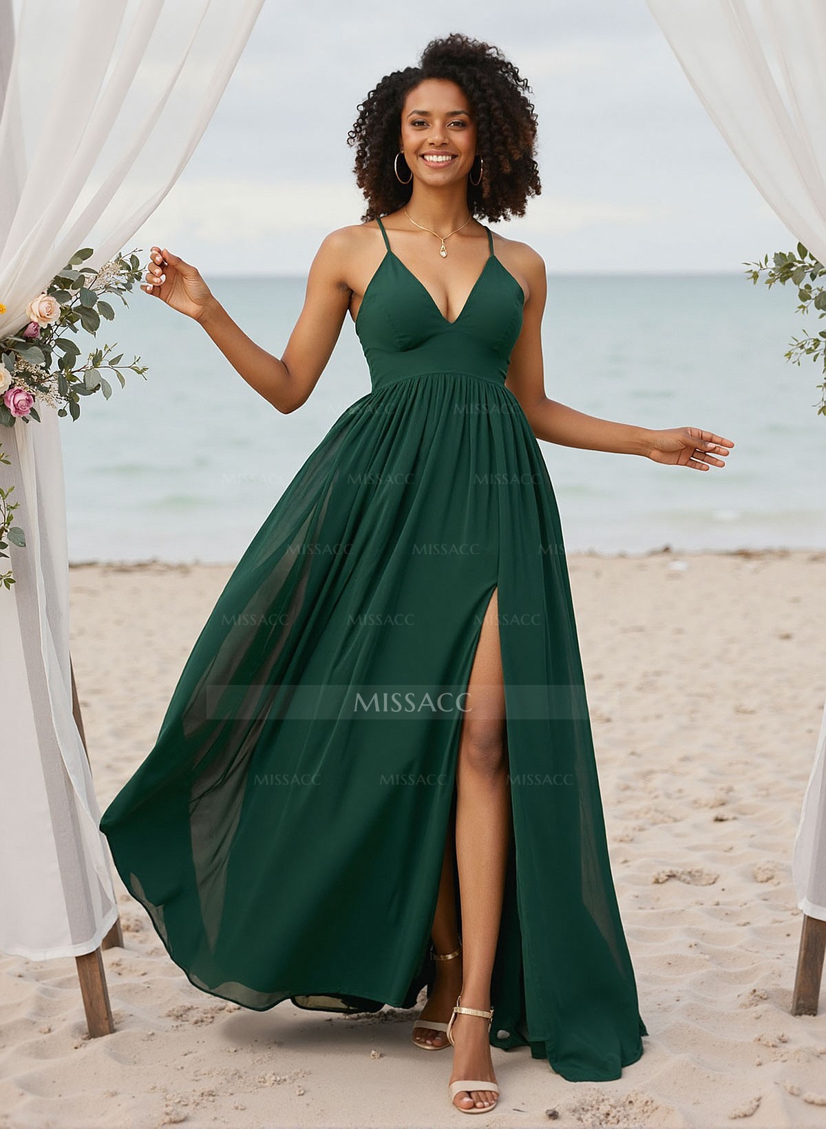 A-Line V-Neck Sleeveless Chiffon Bridesmaid Dresses With High Split