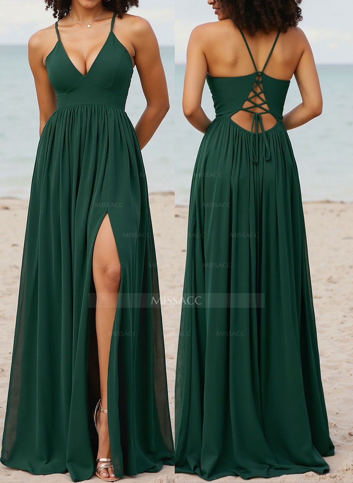 A-Line V-Neck Sleeveless Chiffon Bridesmaid Dresses With High Split