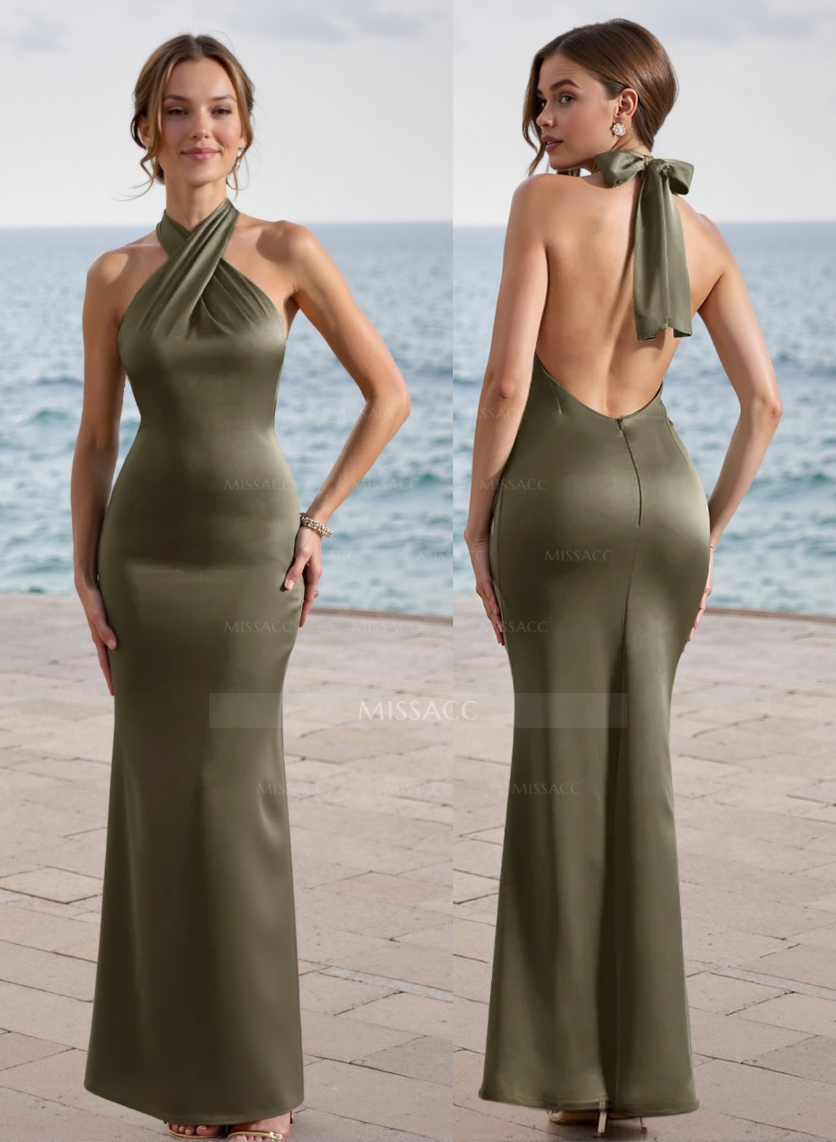 Trumpet/Mermaid Halter Silk Like Satin Bridesmaid Dresses With Back Hole