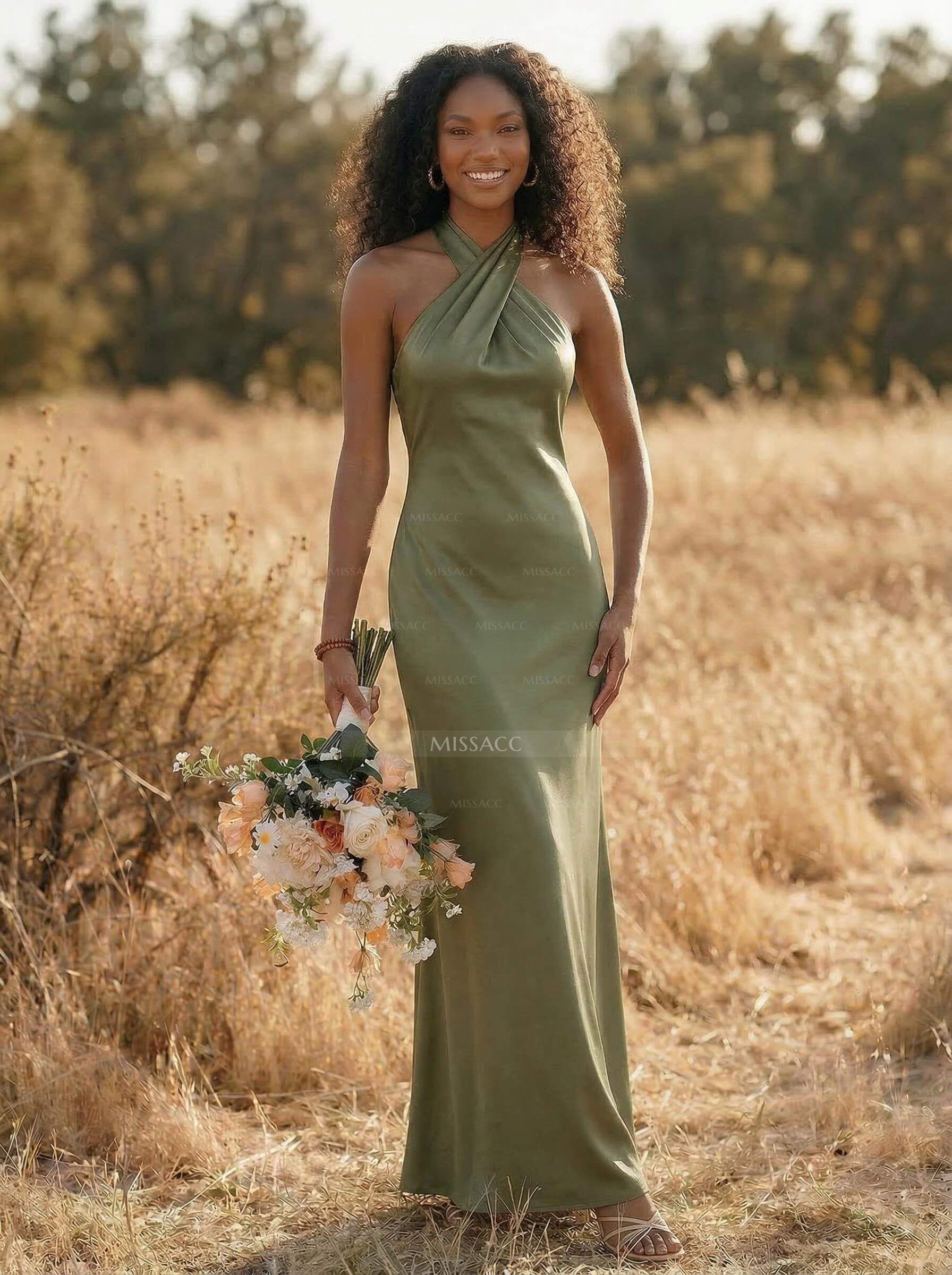 Trumpet/Mermaid Halter Silk Like Satin Bridesmaid Dresses With Back Hole