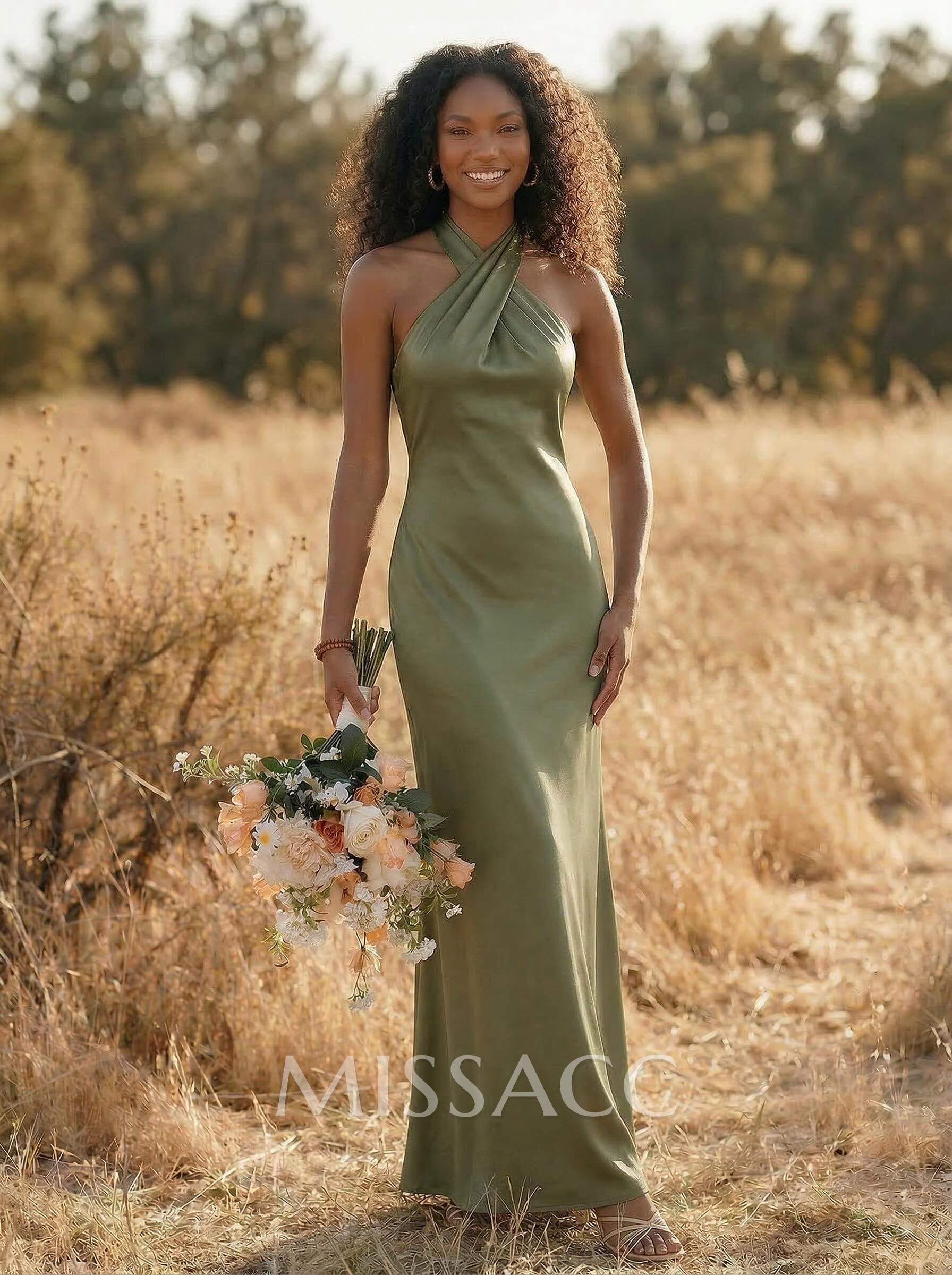 Trumpet/Mermaid Halter Silk Like Satin Bridesmaid Dresses With Back Hole