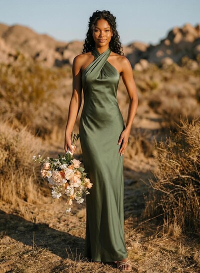 Trumpet/Mermaid Halter Silk Like Satin Bridesmaid Dresses With Back Hole