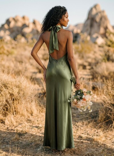 Trumpet/Mermaid Halter Silk Like Satin Bridesmaid Dresses With Back Hole