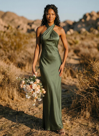 Trumpet/Mermaid Halter Silk Like Satin Bridesmaid Dresses With Back Hole