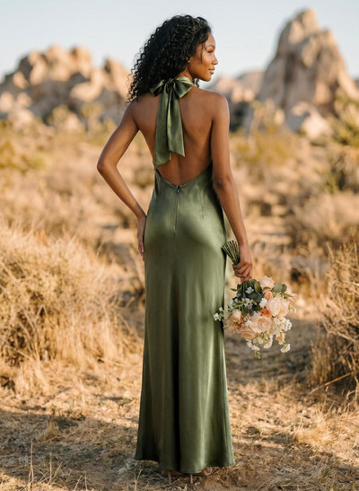 Trumpet/Mermaid Halter Silk Like Satin Bridesmaid Dresses With Back Hole