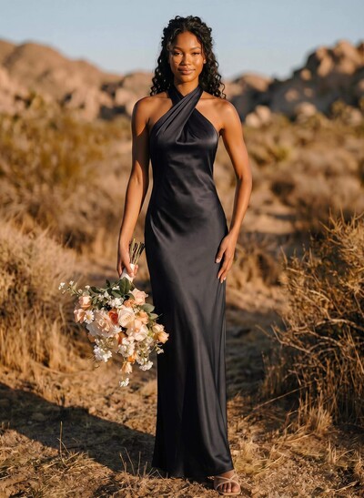 Trumpet/Mermaid Halter Silk Like Satin Bridesmaid Dresses With Back Hole