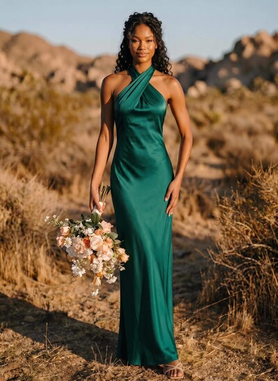 Trumpet/Mermaid Halter Silk Like Satin Bridesmaid Dresses With Back Hole