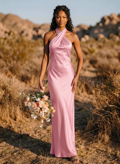 Trumpet/Mermaid Halter Silk Like Satin Bridesmaid Dresses With Back Hole