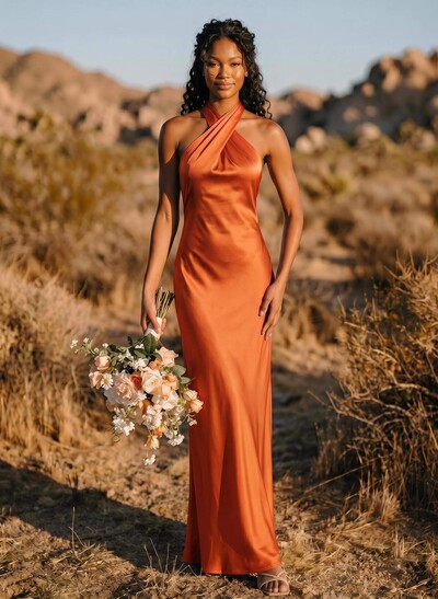 Trumpet/Mermaid Halter Silk Like Satin Bridesmaid Dresses With Back Hole
