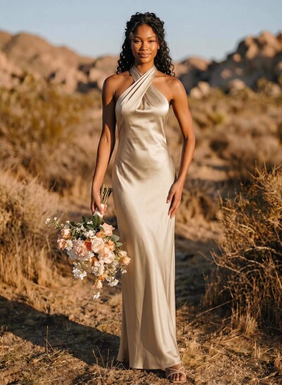 Trumpet/Mermaid Halter Silk Like Satin Bridesmaid Dresses With Back Hole