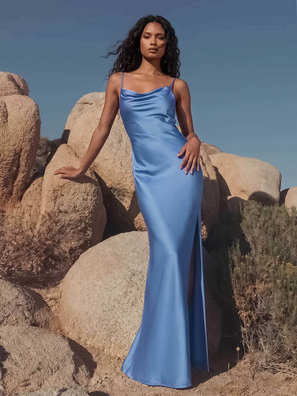 Sheath/Column Cowl Neck Sleeveless Silk Like Satin Bridesmaid Dresses Sheath/Column Cowl Neck Sleeveless Silk Like Satin Bridesmaid Dresses