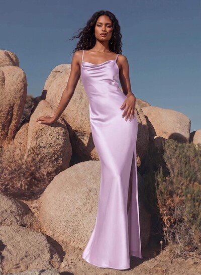 Sheath/Column Cowl Neck Sleeveless Silk Like Satin Bridesmaid Dresses