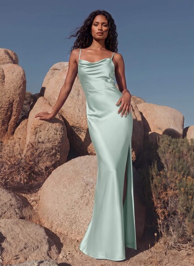 Sheath/Column Cowl Neck Sleeveless Silk Like Satin Bridesmaid Dresses
