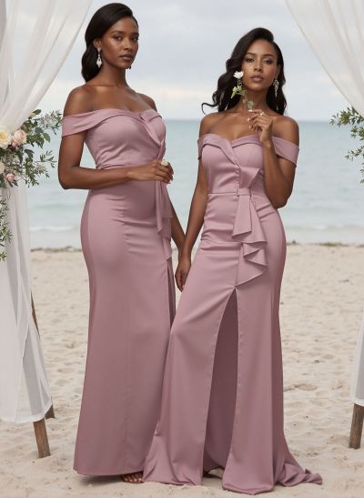 Sheath/Column Satin Bridesmaid Dresses With Bow(s)/High Split