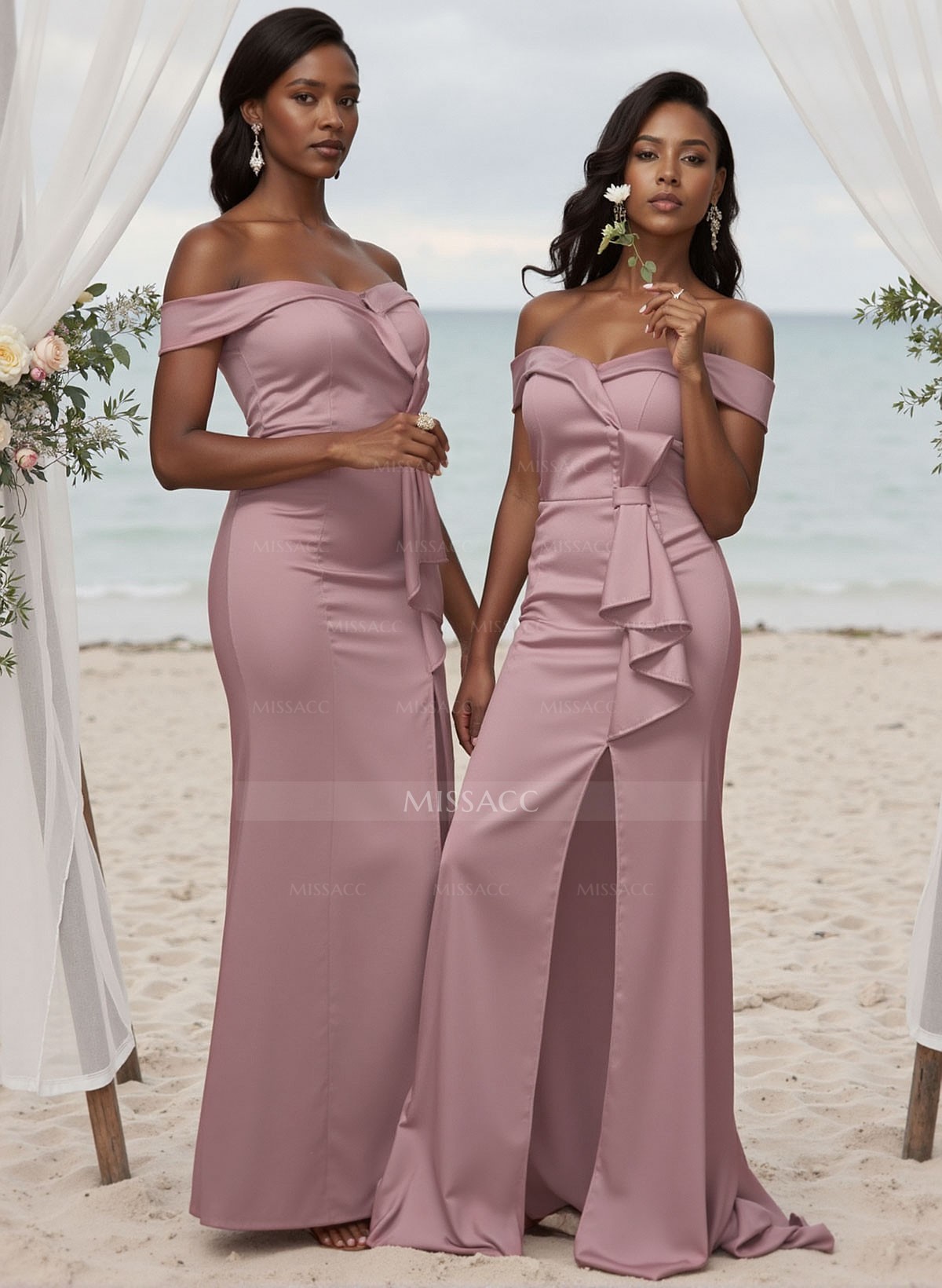 Sheath/Column Satin Bridesmaid Dresses With Bow(s)/High Split